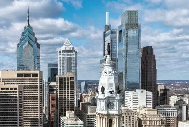 Shot of City skyline with buildings that have alarm lock access control
