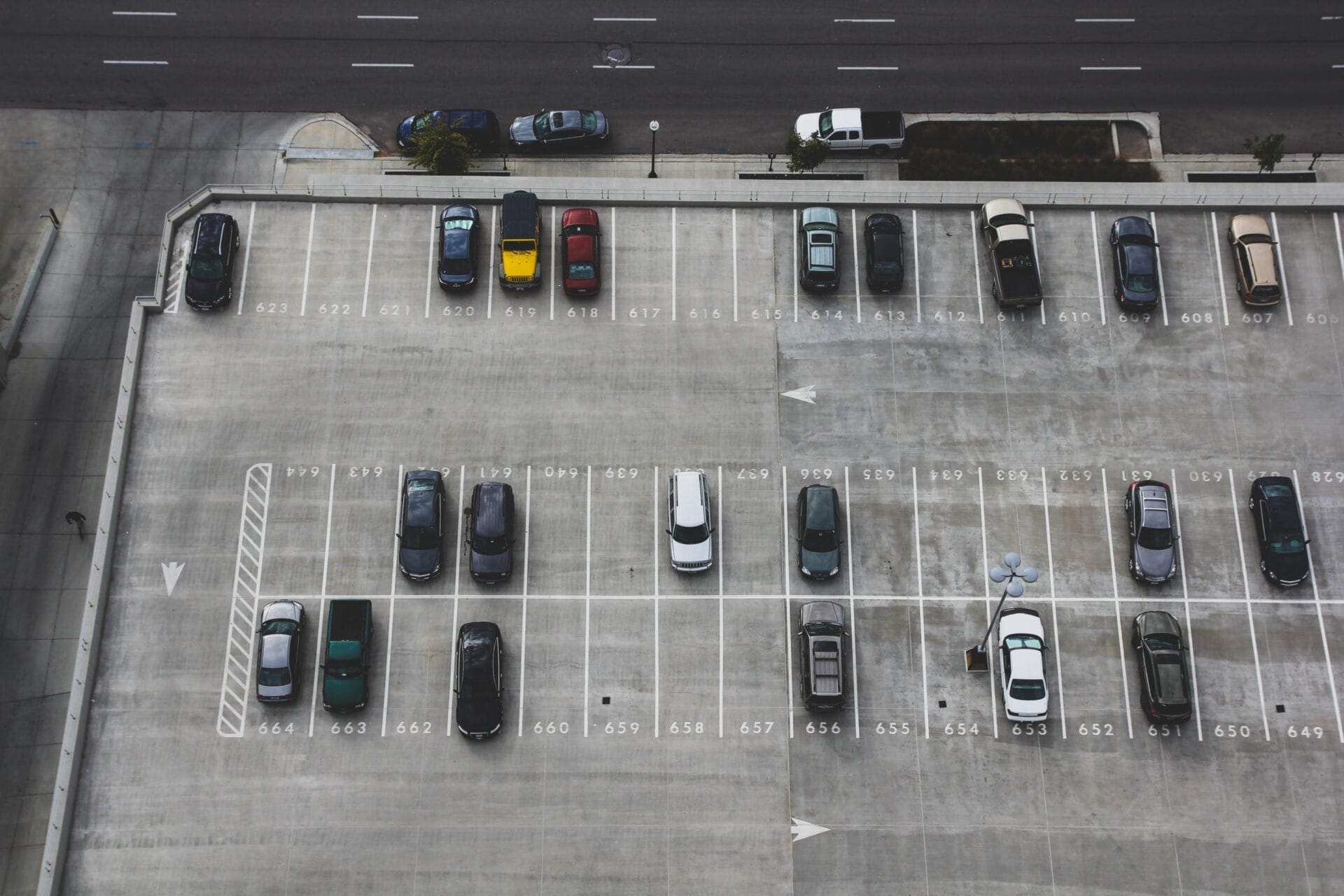 Parking lot of business being monitored by long distance security cameras