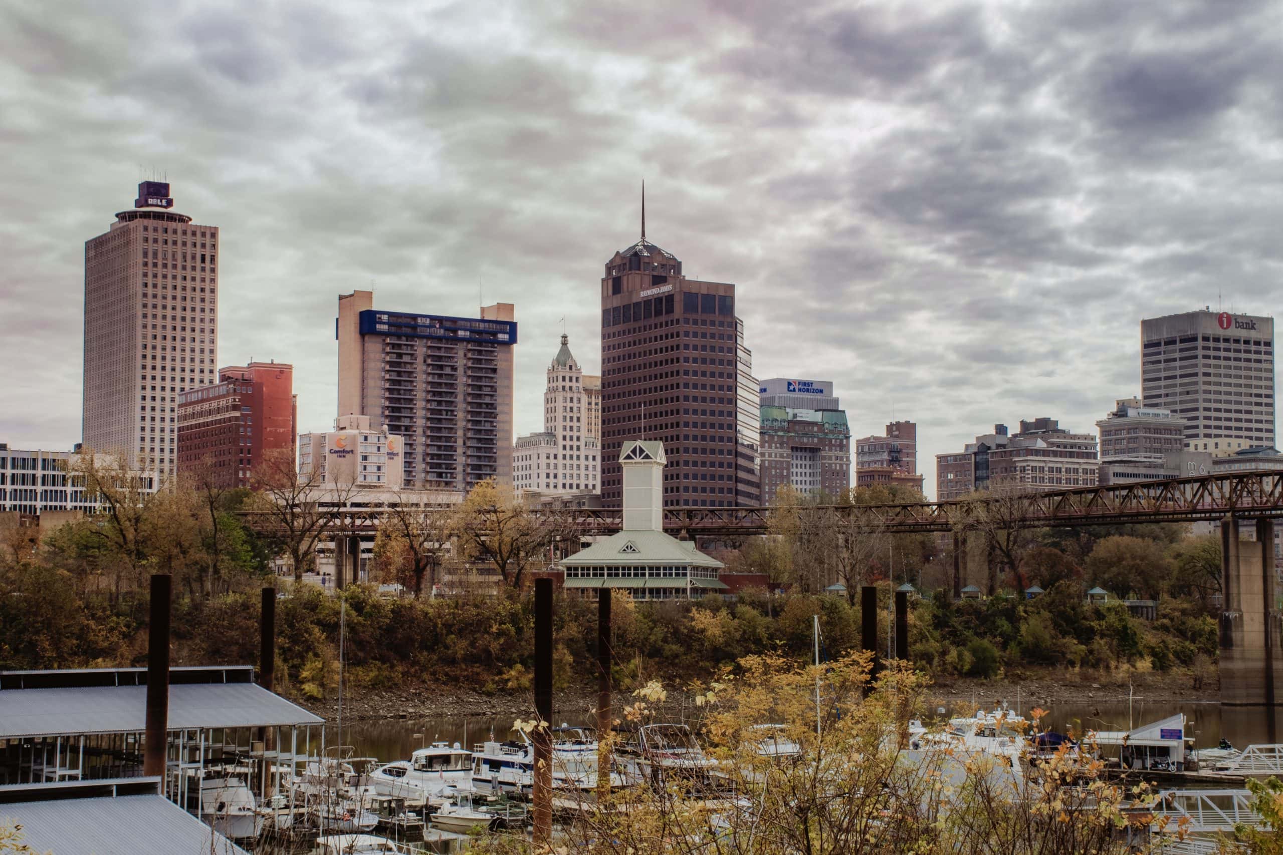 Skyline of Downtown Memphis businesses with security cameras