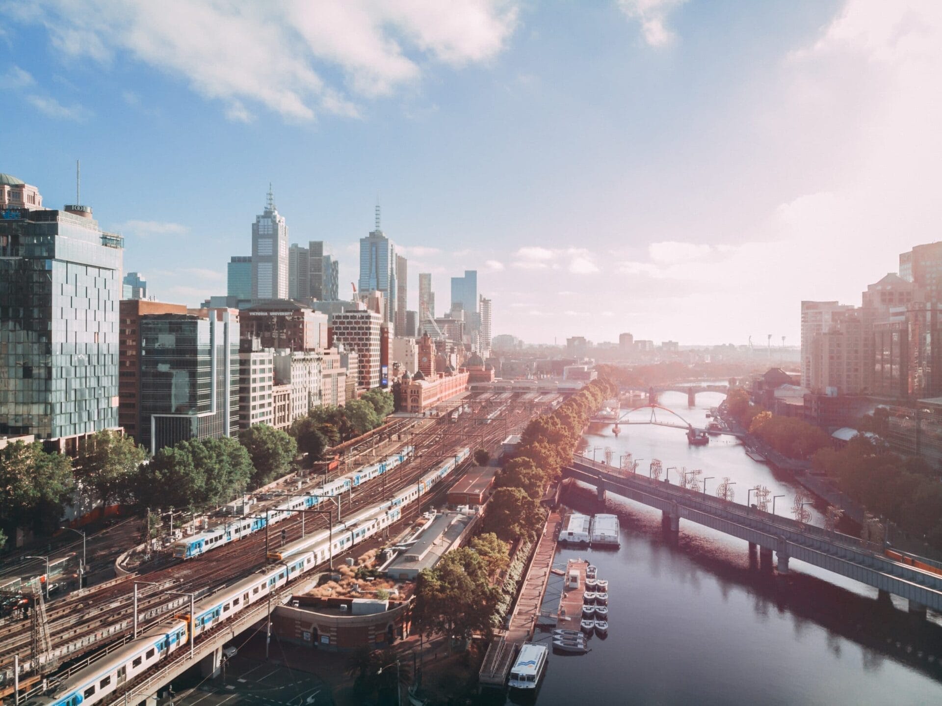 Skyline of the City of Melbourne with Downtown businesses equipped with security systems