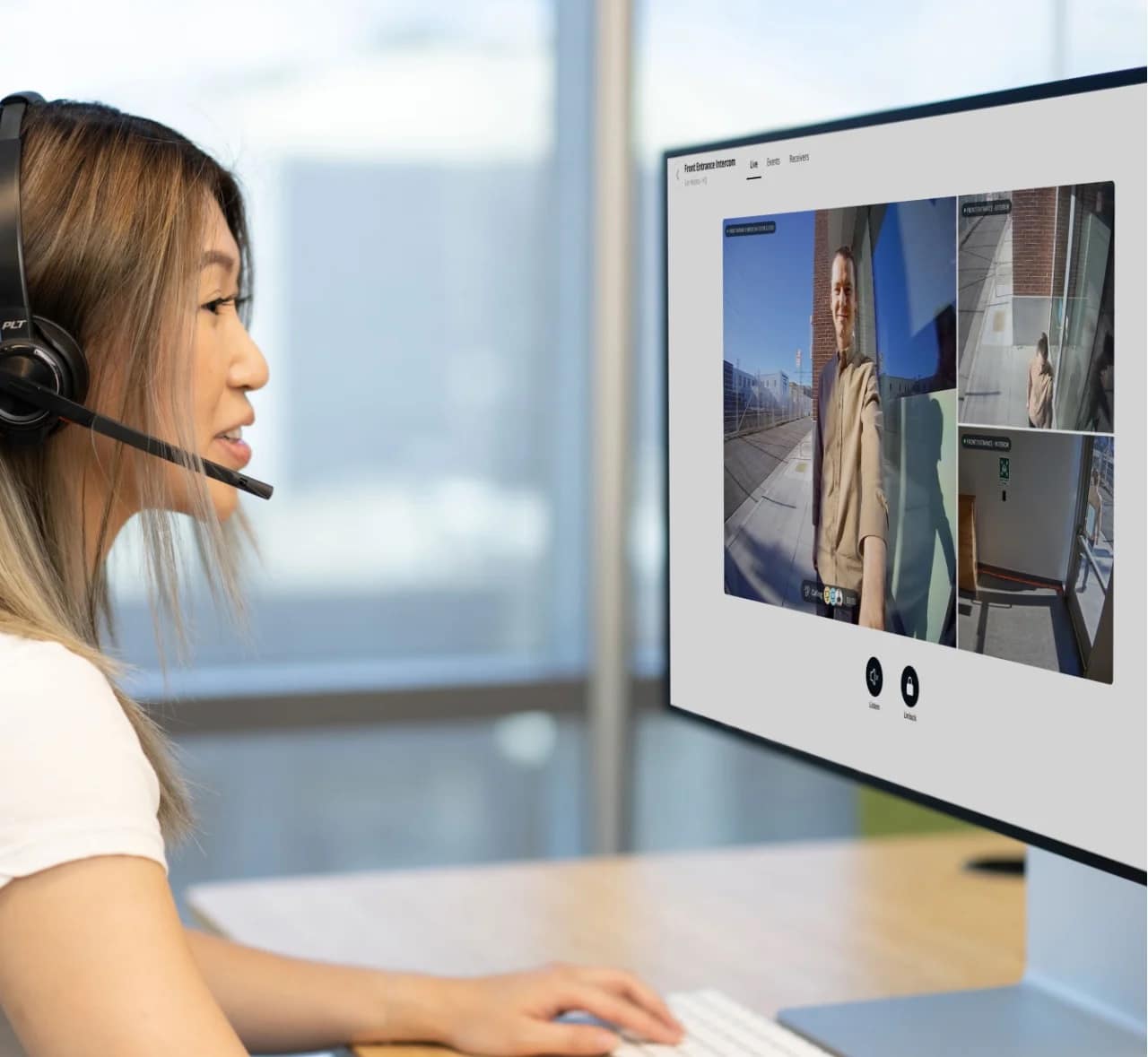 Security officer reviewing intercom footage on Desk Station