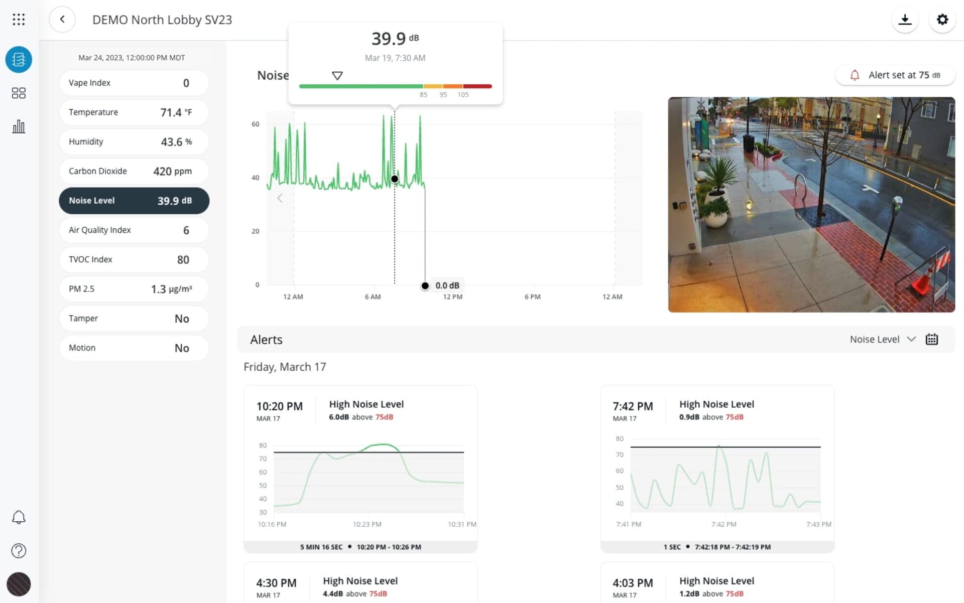 Command interface displaying audio recording info from environmental monitoring sensors