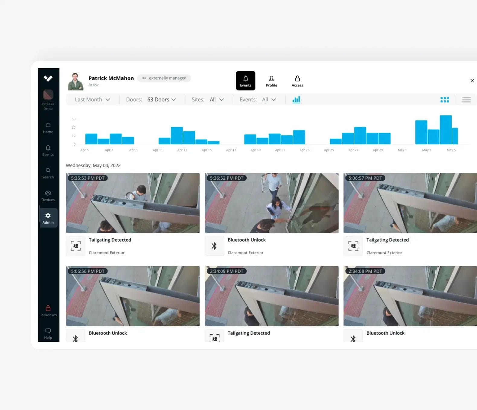 Command interface displaying footage linked with door events for door access control systems