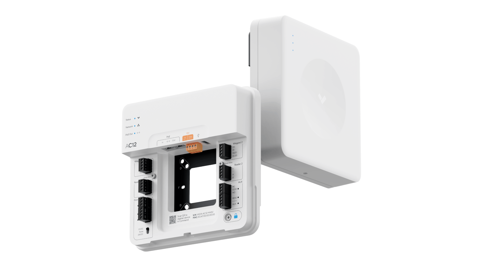 Two white AC12 1 Door Controller units, one with its cover open showing several ports and connectors, the other closed, both displayed against a plain white background.