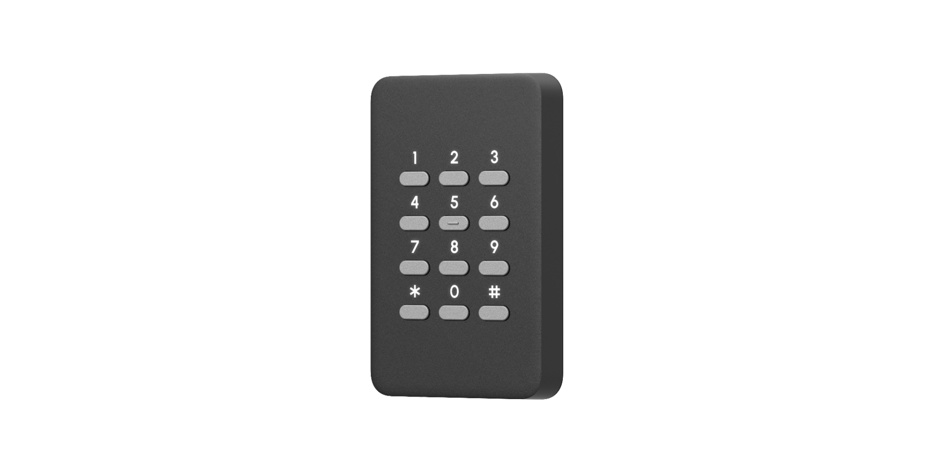 The Verkada AD64 Mullion Reader is a black wall-mounted keypad with white numerical and function buttons arranged in a neat grid on a plain background.