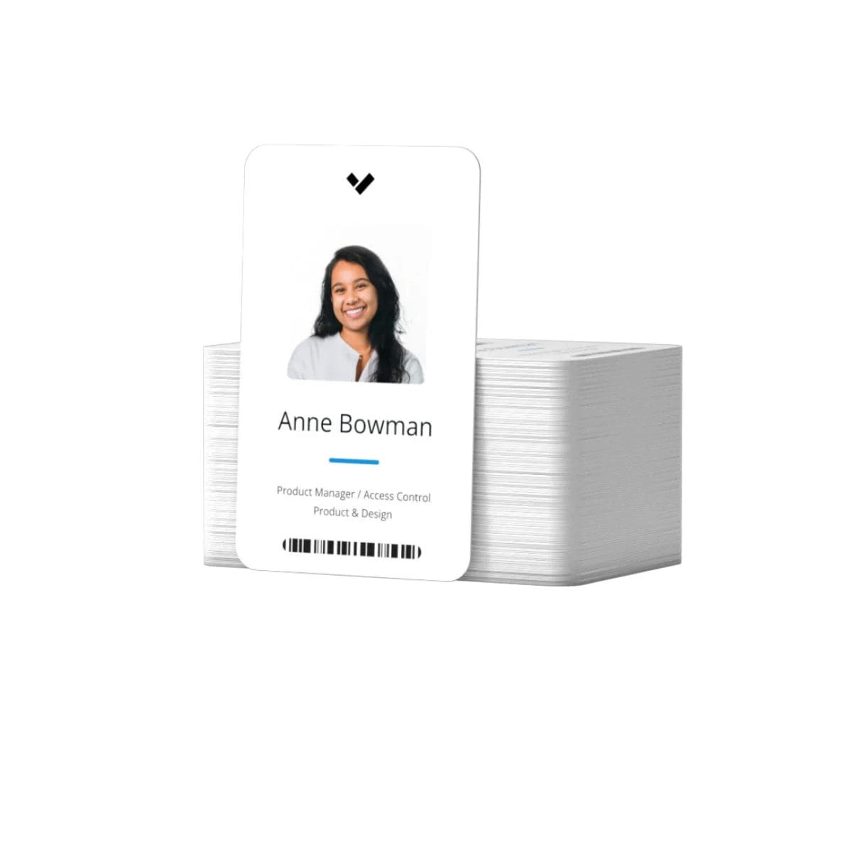 A stack of Verkada ACC-PROX-1 Prox Cards - Pack of 100 is shown, with the front card displaying a woman's photo, her name "Anne Bowman," and the title Product Manager, Access Control, Product & Design.
